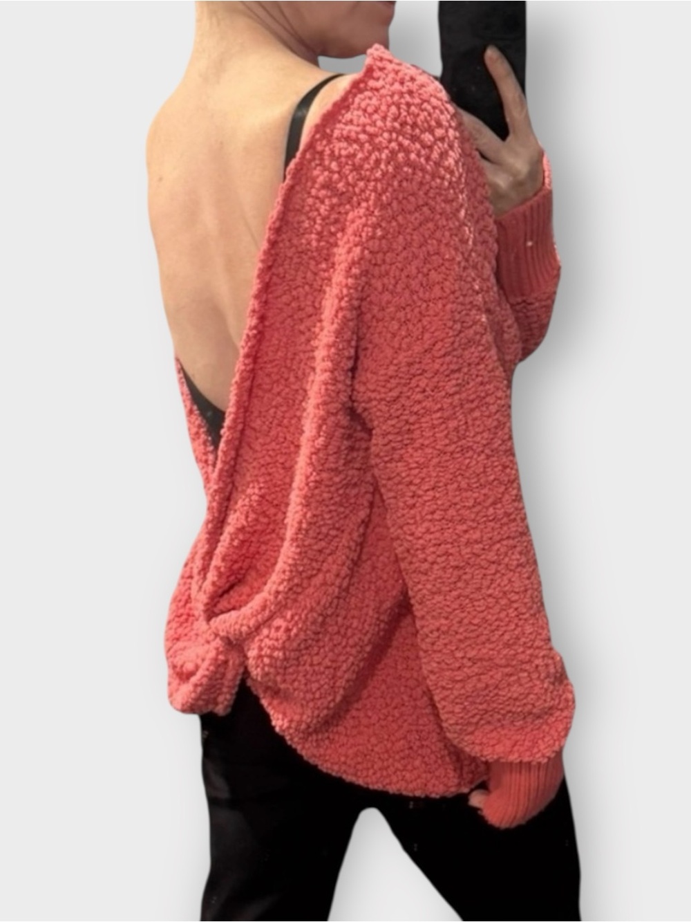 Pink Twist Back Sweater Reversible Boucle Popcorn Knit Size Large Soft Pink Cozy